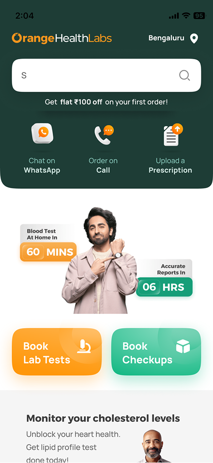 Orange Health homepage with WhatsApp, call and prescription entry points