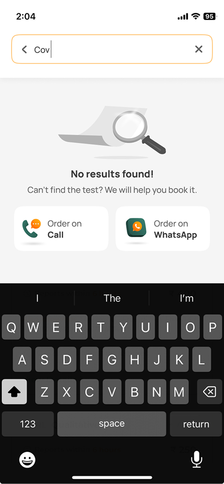 search no-results state offering to order on call or WhatsApp