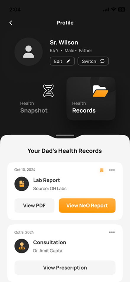 Health Records — a time-ordered log of lab reports, consultations and prescriptions, each with its own actions