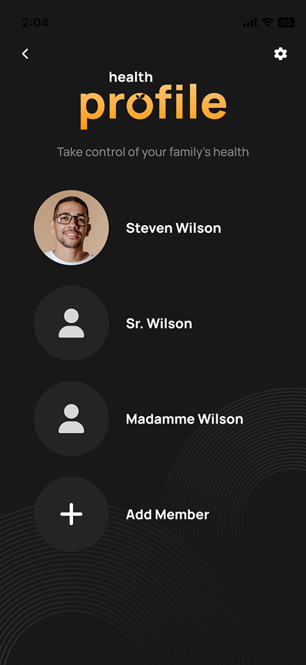 Health Profile entry screen — choose whose health you are looking at: yourself, a parent, a partner, or add a member