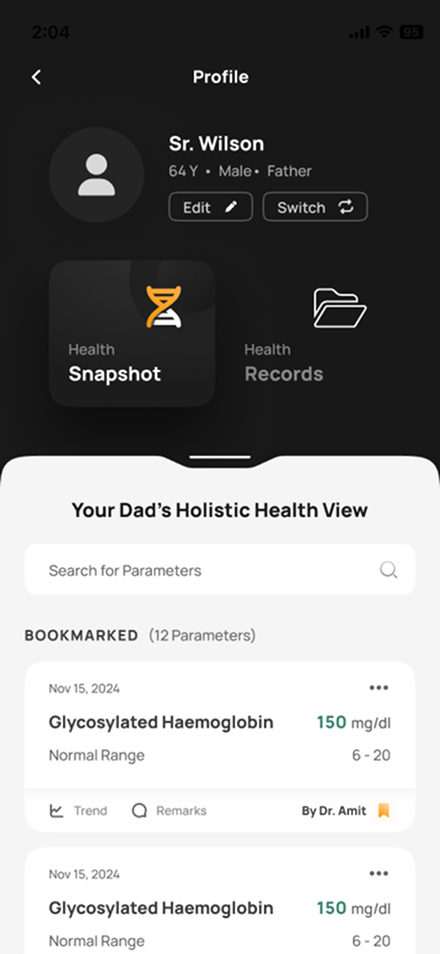 Health Snapshot — a caretaker's view of their father's profile, with bookmarked parameters, values, normal ranges and the doctor who flagged them