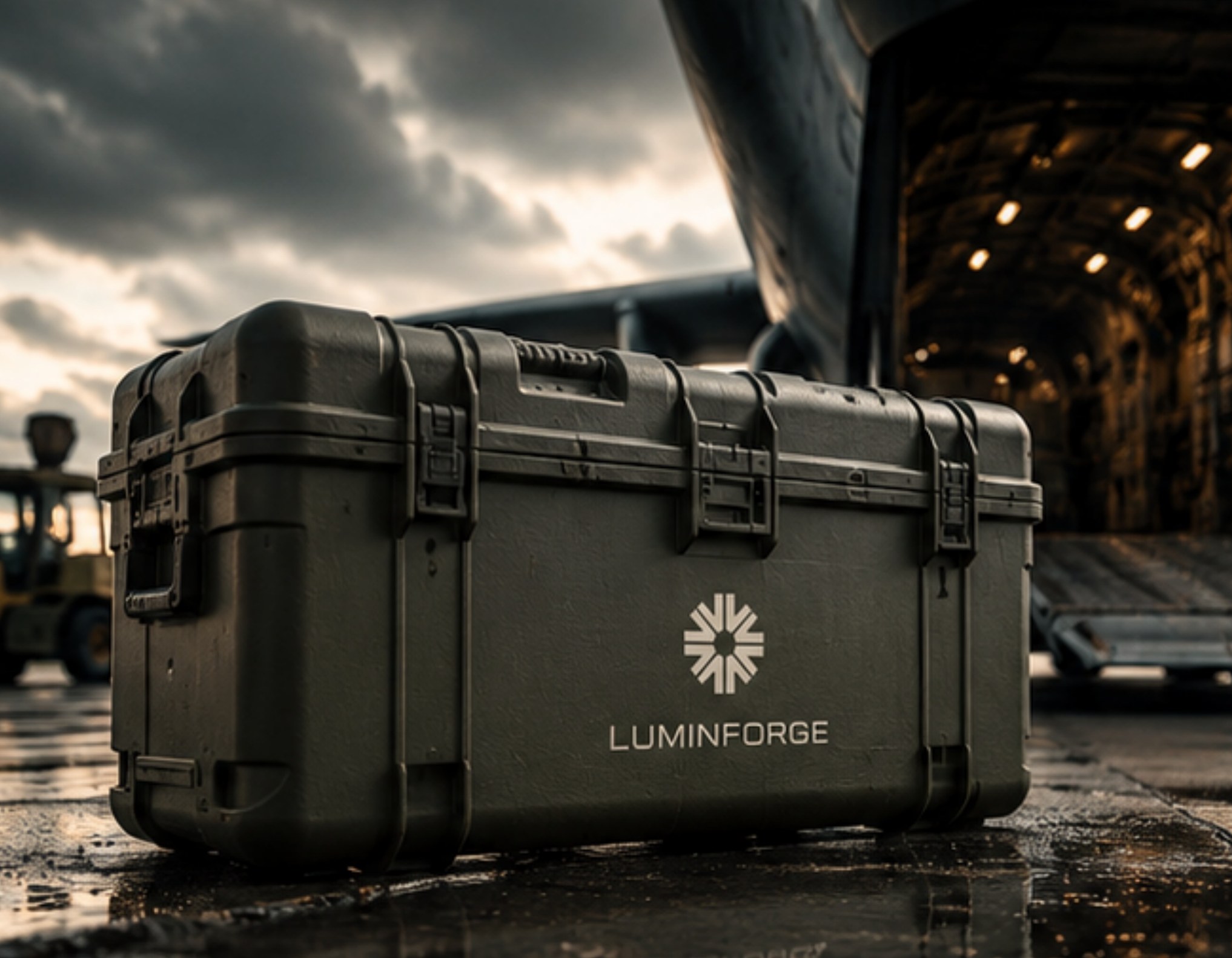 LuminForge transit case, mark and wordmark embossed on the lid