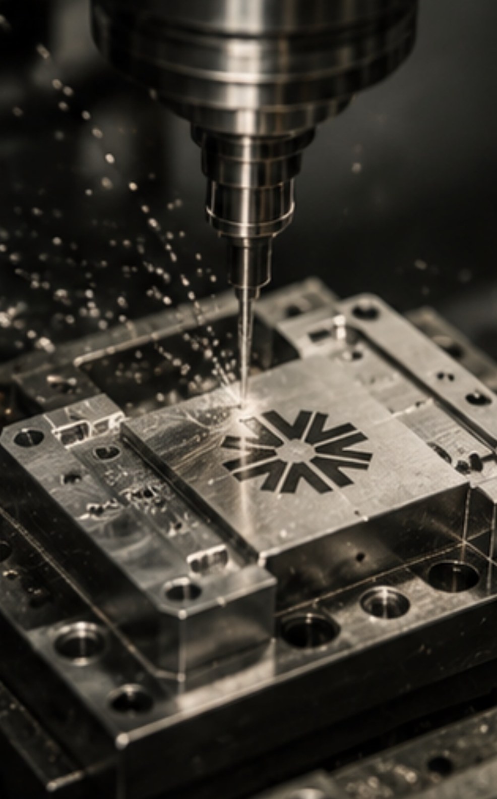 The mark being cut into a steel mould on a CNC machine