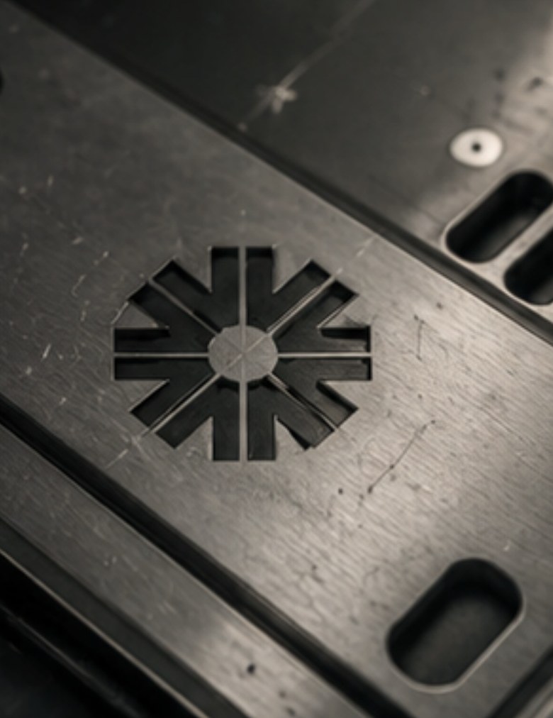 The mark machined into a brushed metal plate