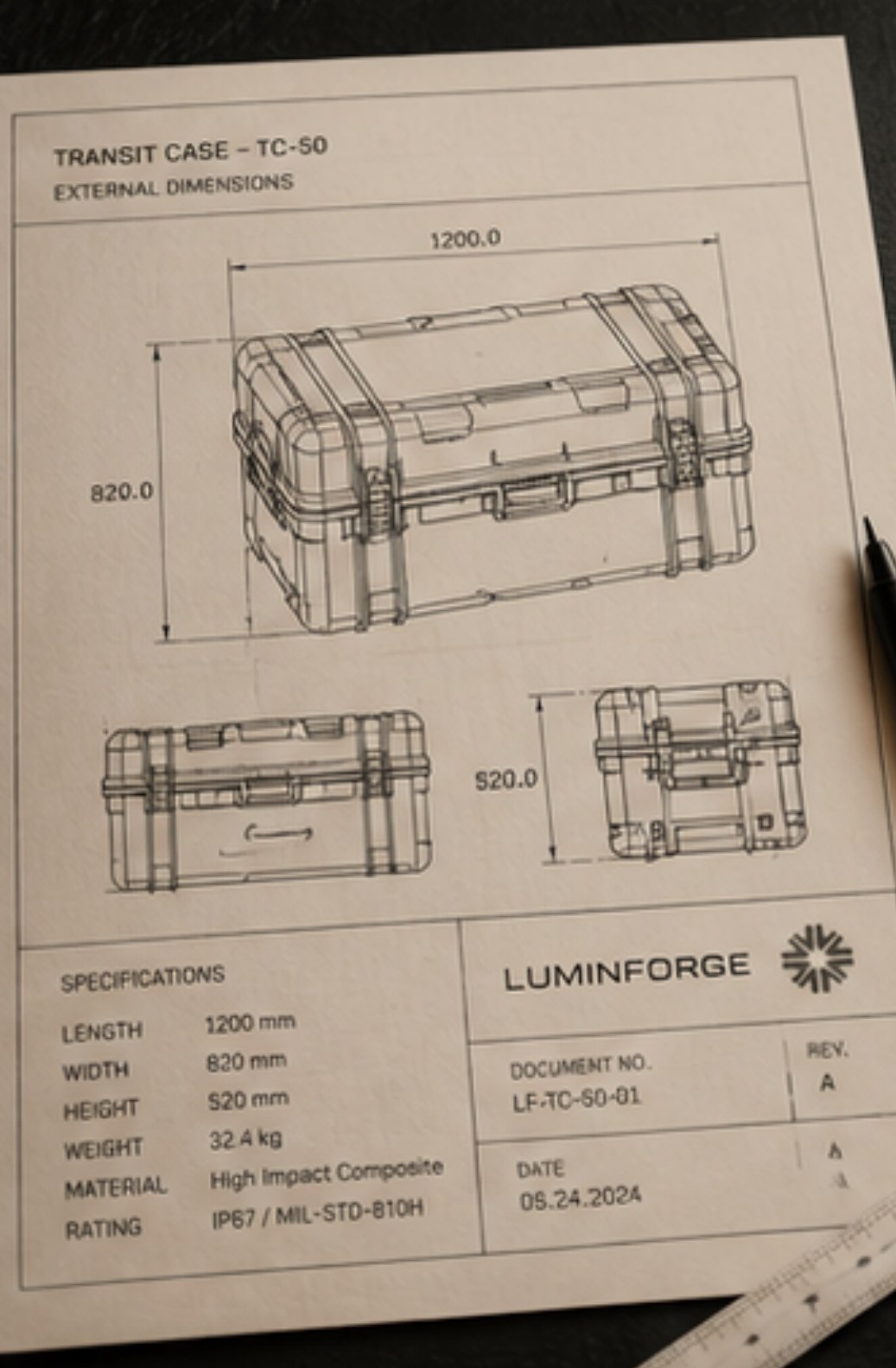 Transit case specification sheet, mark and wordmark in the title block