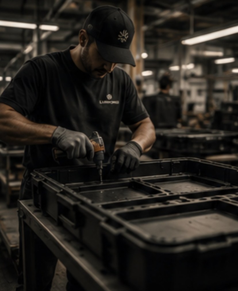 Factory worker in branded workwear assembling a case